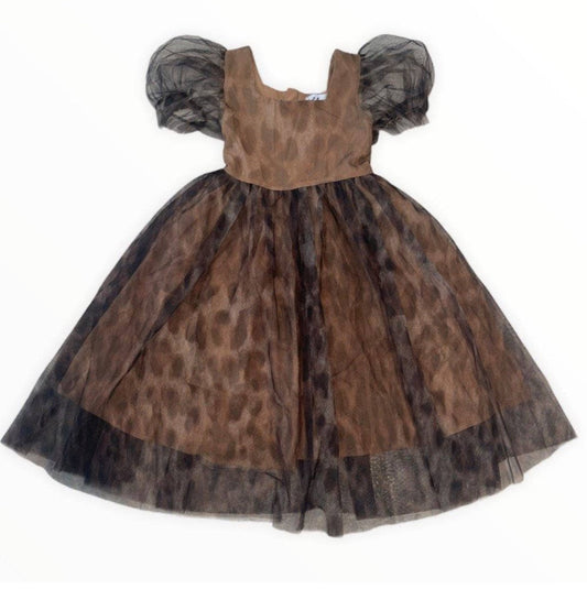 PUFF SLEEVE CHEETAH TULLE DRESS