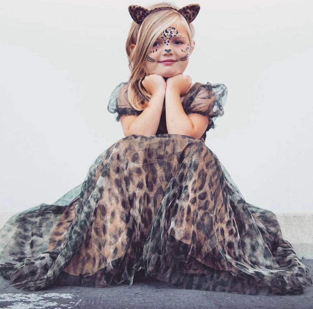 PUFF SLEEVE CHEETAH TULLE DRESS