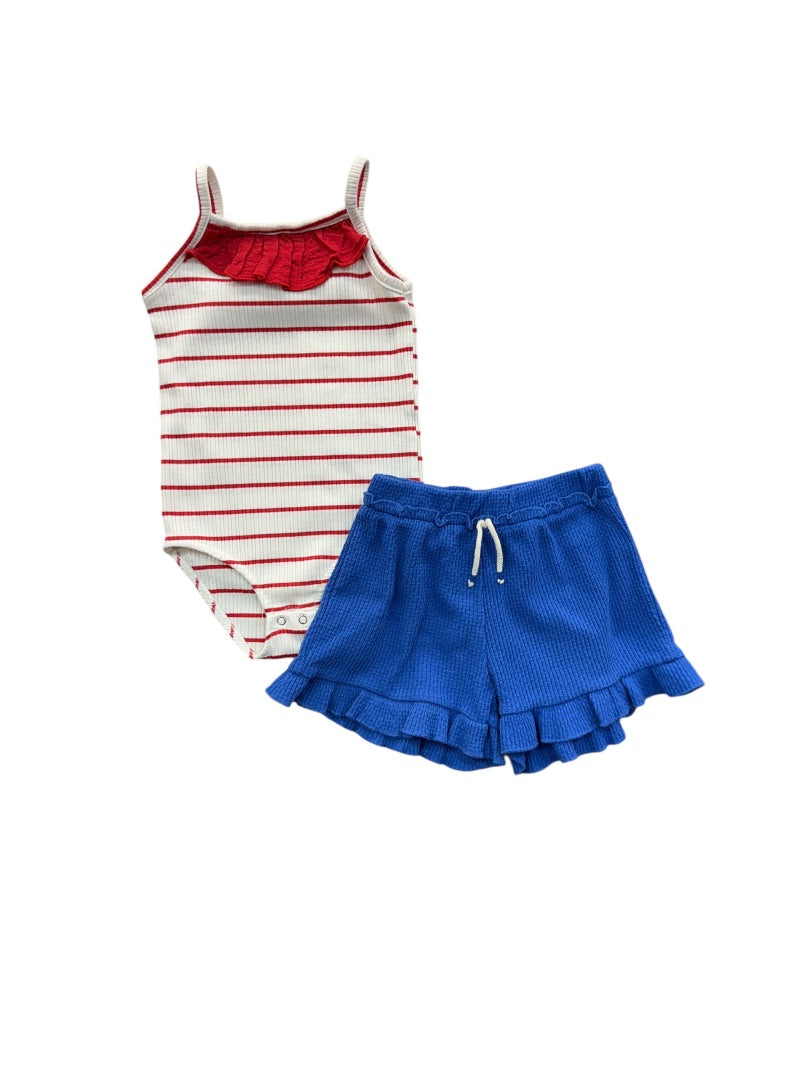 S/L STRIPED BODYSUIT & RUFFLE SHORTS