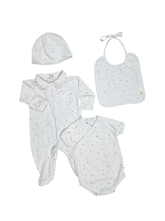 4 PC SET STAR & CROWN L/S ROMPER, S/S BODYSUIT, BIB & HAT