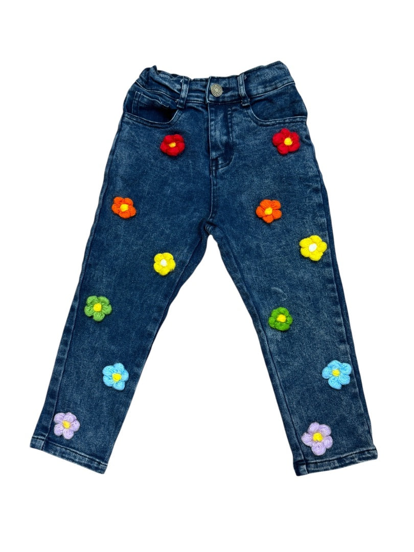 CROCHET FLOWER DARK WASH JEANS