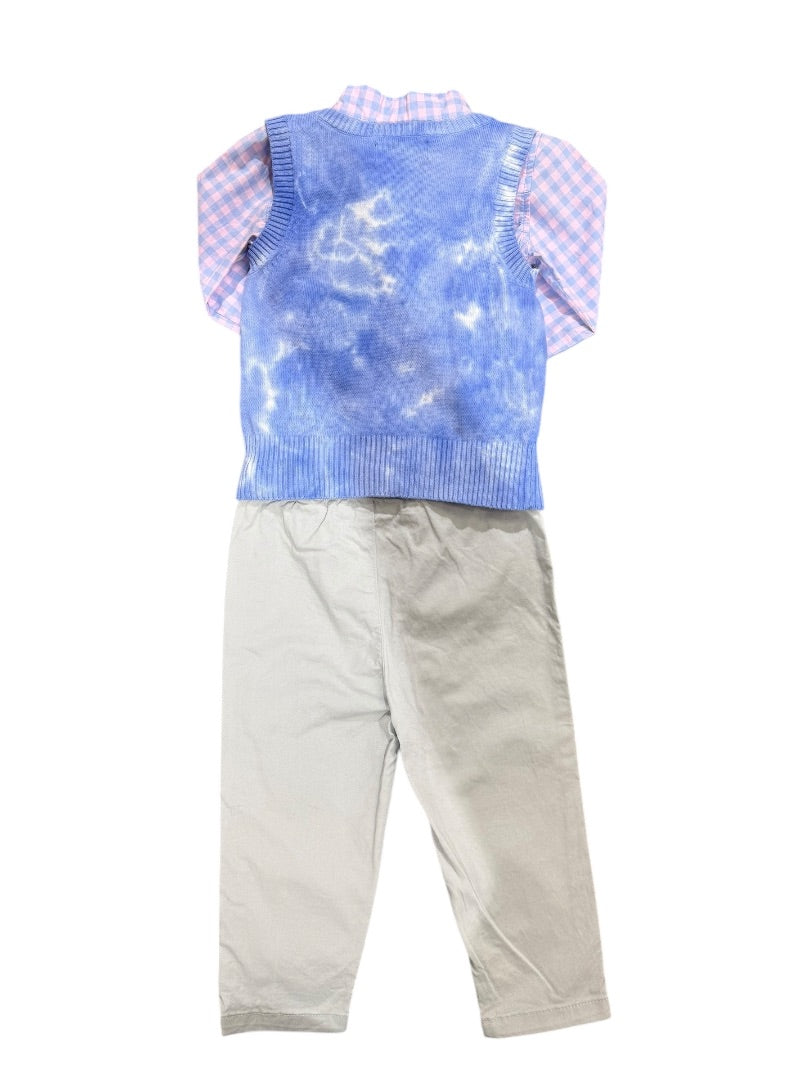 L/S GINGHAM BODYSUIT, KNIT VEST & CHINO PANTS