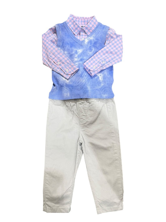 L/S GINGHAM BODYSUIT, KNIT VEST & CHINO PANTS