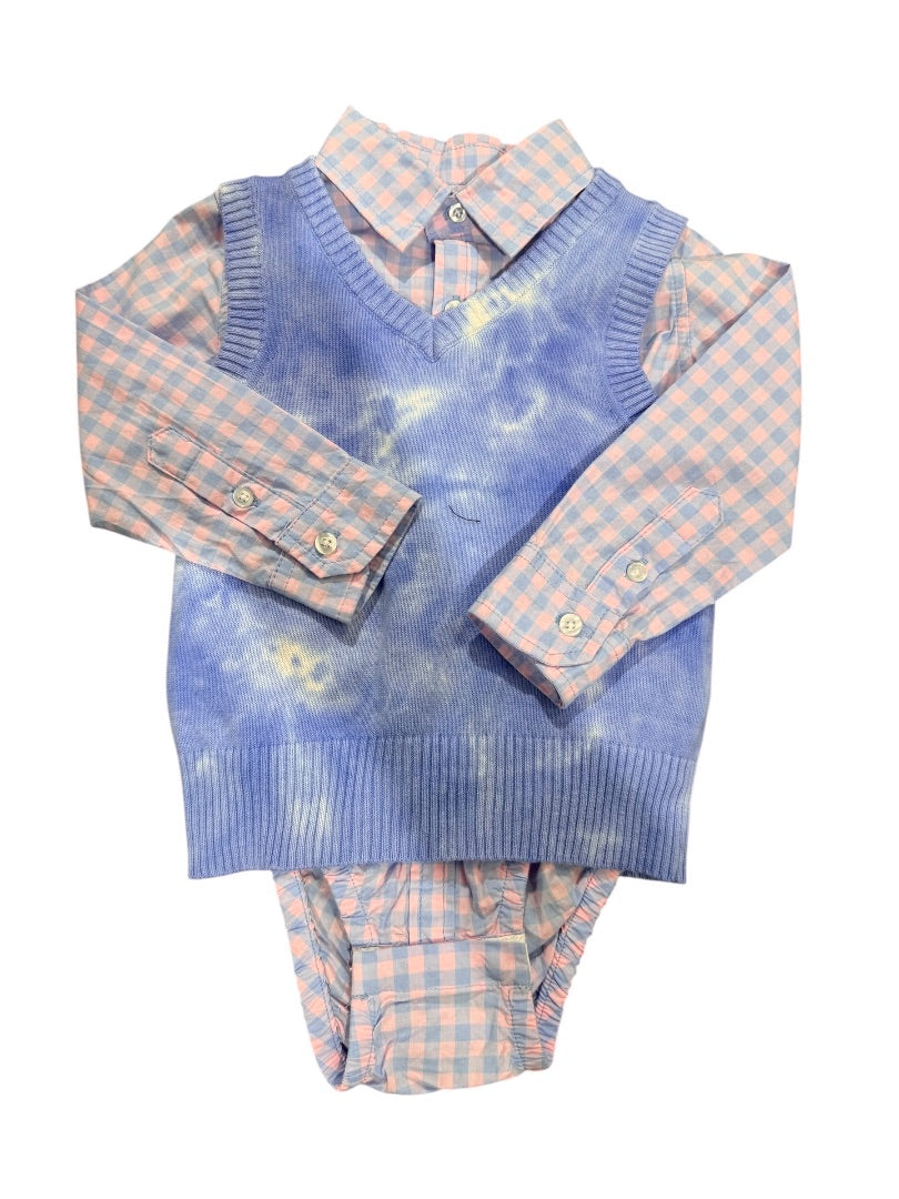 L/S GINGHAM BODYSUIT, KNIT VEST & CHINO PANTS